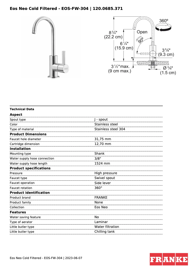Página 1 del manual Ficha técnica Franke EOS-FW-304