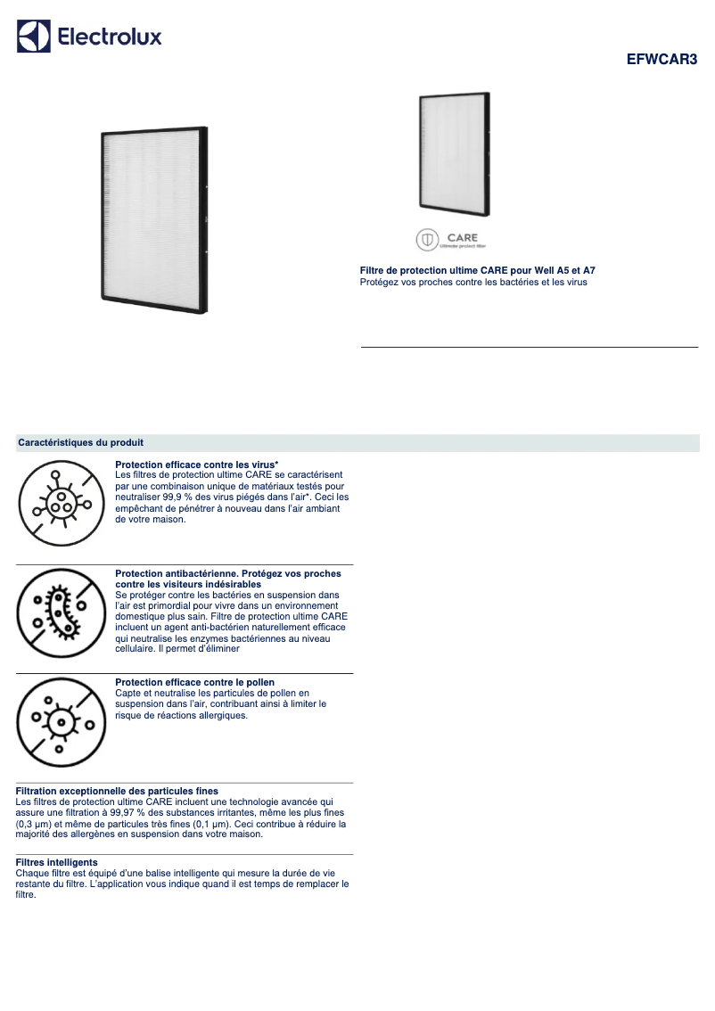 Page 1 de la notice Fiche technique Electrolux EFWCAR3