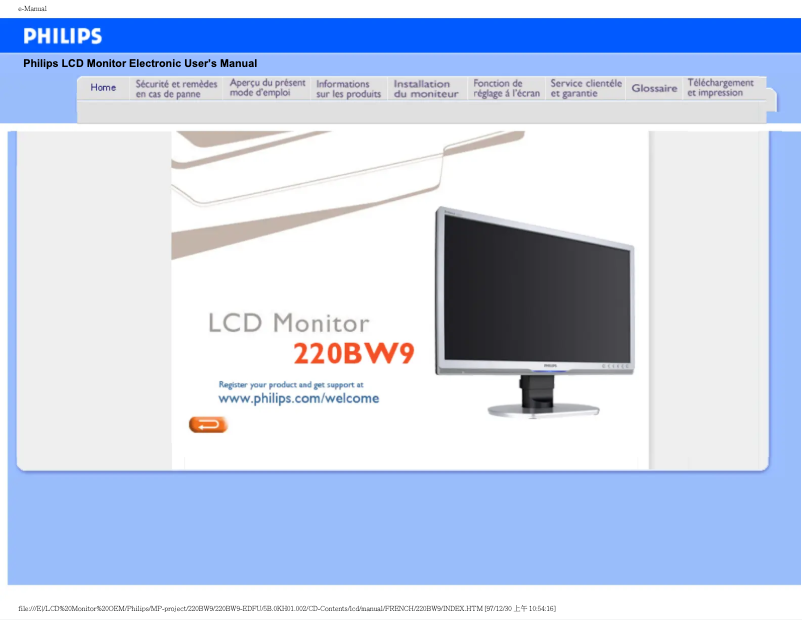 Page 1 de la notice Manuel utilisateur Philips 220BW9CB