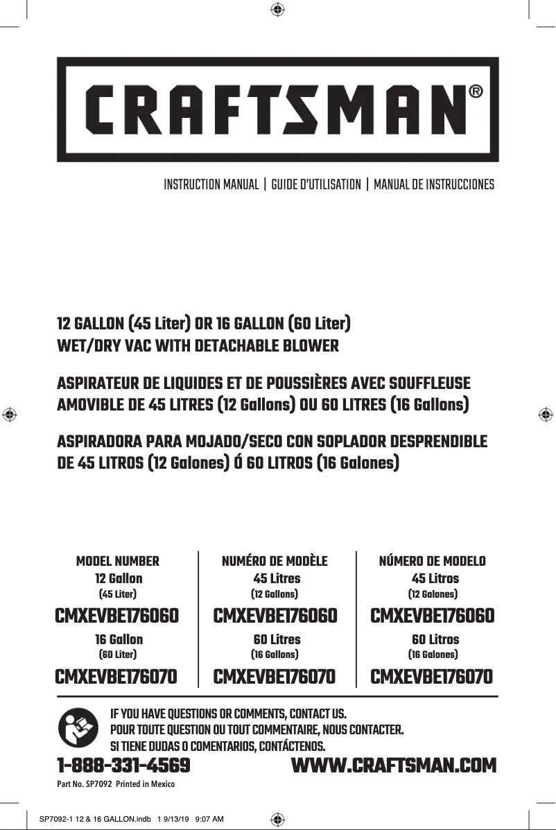 Page 1 de la notice Manuel utilisateur Craftsman CMXEVBE17606