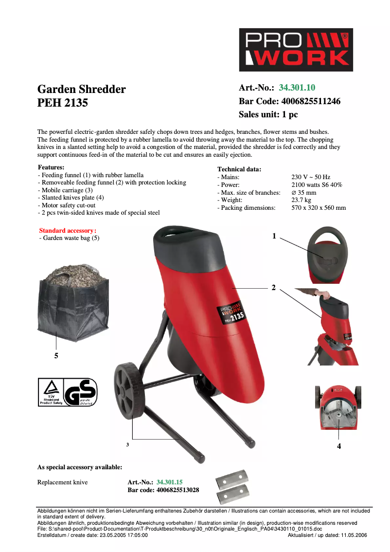 Page n°1 - Manuel utilisateur Prowork PEH 2135