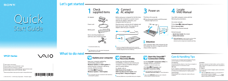 Page n°1 - Guide d'installation Sony Vaio VPCZ128GX