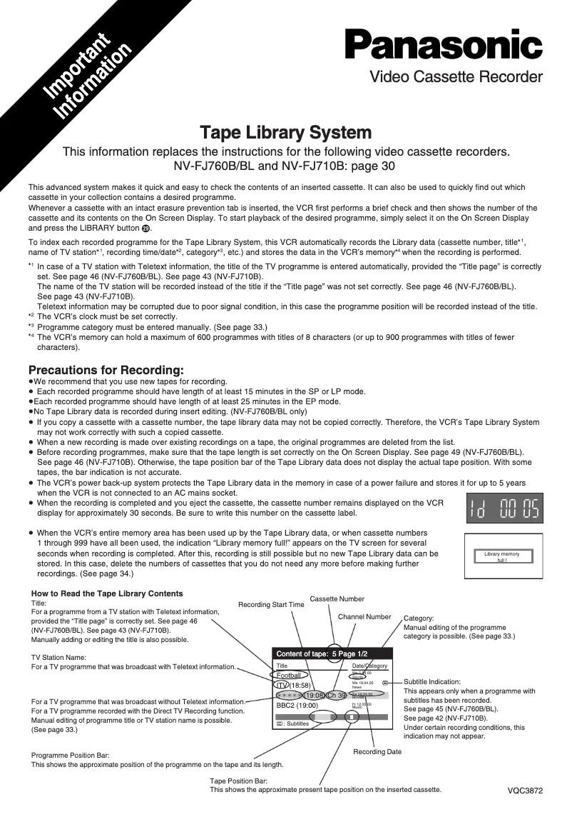Page n°1 - Manuel utilisateur Panasonic NV-FJ760B