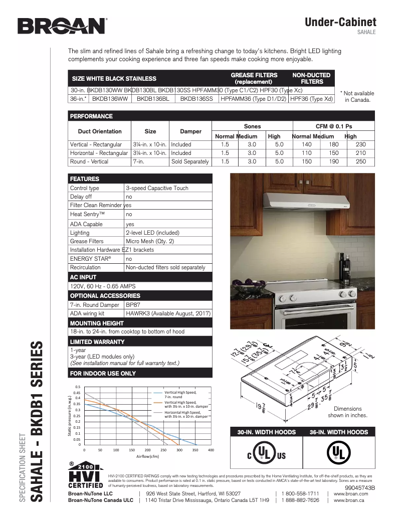 Page 1 de la notice Fiche technique Broan BKDB136WW