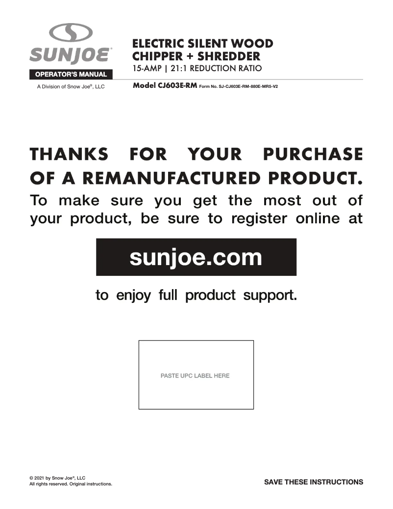 Page 1 of the manual User Manual Sun Joe CJ603E-RM