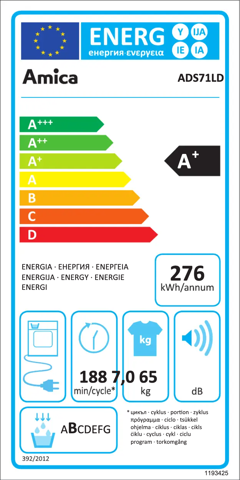 Página 1 del manual Etiqueta energética Amica ADS71LD
