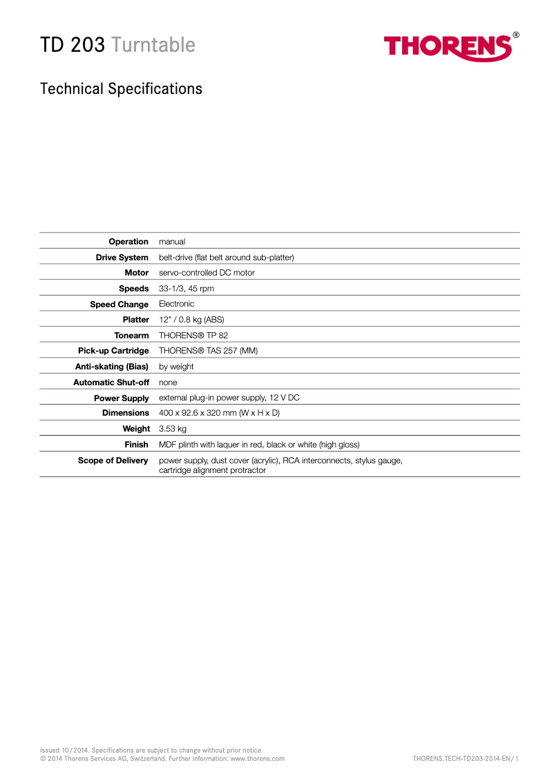 Page 1 de la notice Fiche technique Thorens TD 203