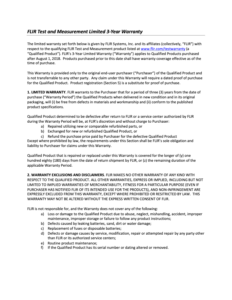 Page 1 de la notice Informations de garantie FLIR CM44