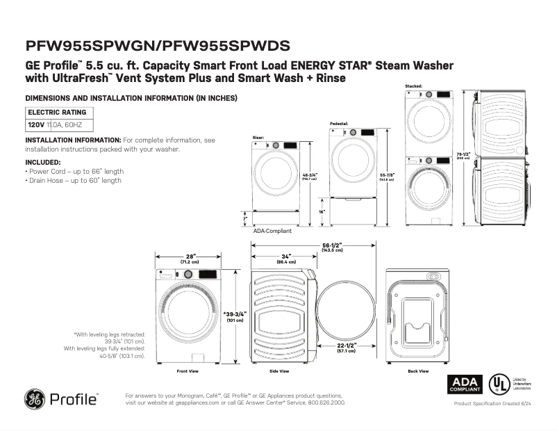 Page n°1 - Fiche technique GE PFW955SPWDS