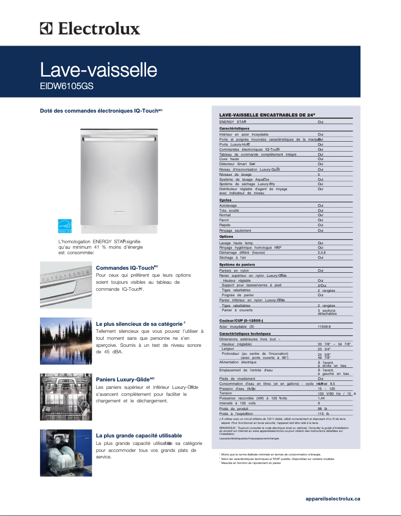 Page 1 de la notice Fiche technique Electrolux EIDW6105GW