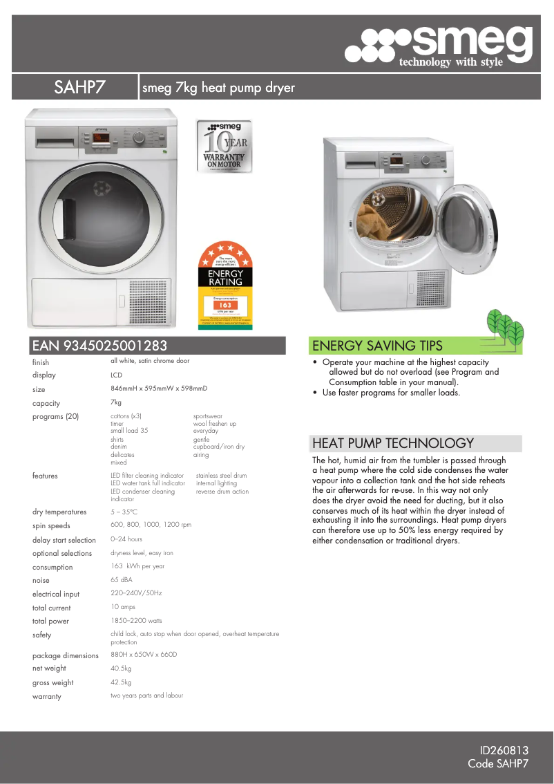 Página 1 del manual Ficha técnica Smeg SAHP 7