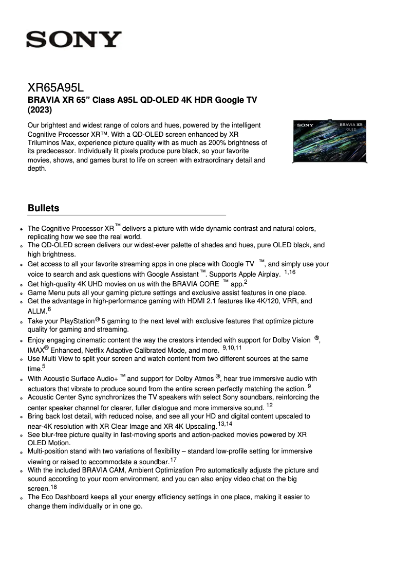 Página 1 del manual Ficha técnica Sony XR-65A95L
