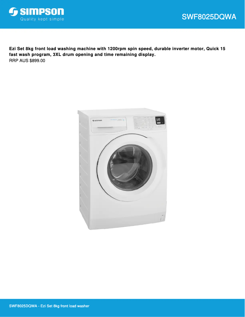 Page 1 de la notice Fiche technique Simpson SWF8025DQWA