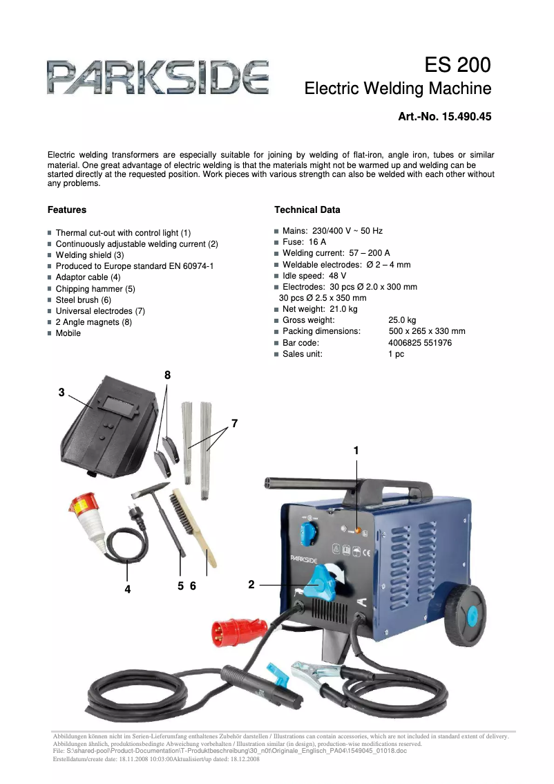 Page 1 de la notice Fiche technique Parkside ES 200