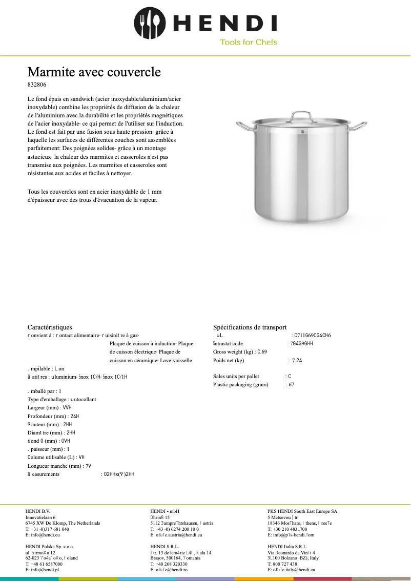 Page 1 de la notice Fiche technique Hendi 832929