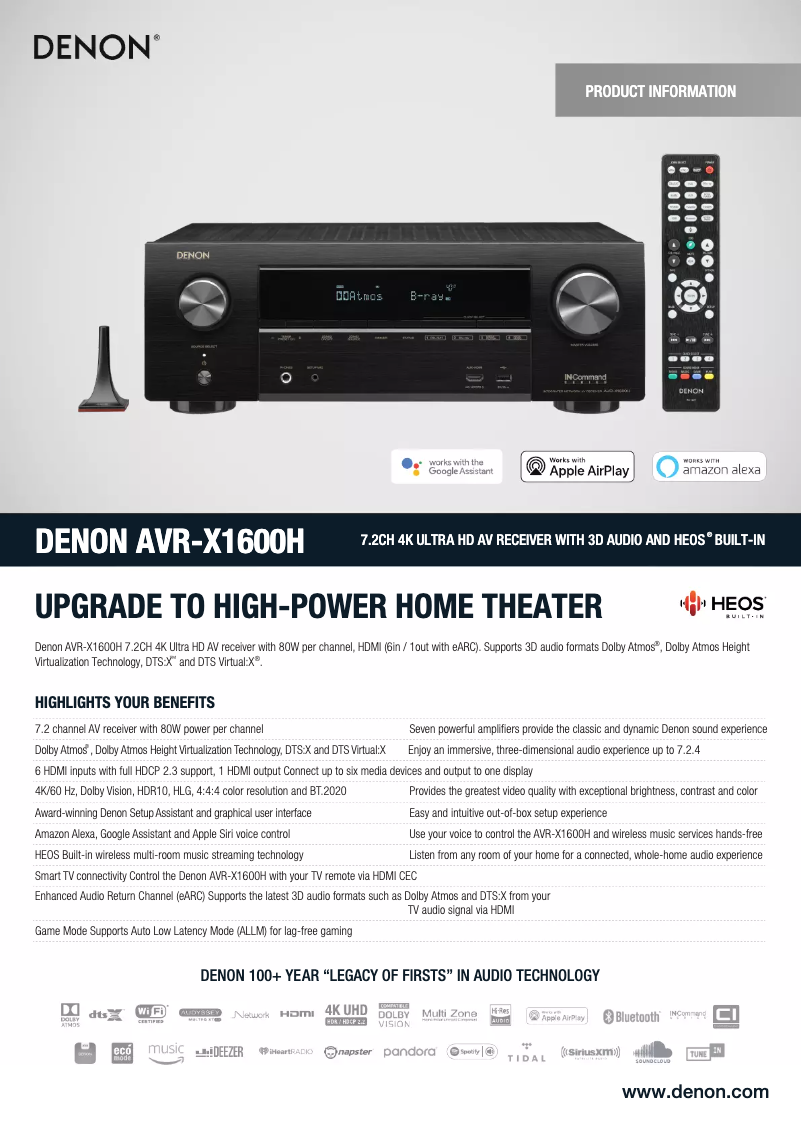 Page 1 de la notice Fiche technique Denon AVR-X2600H