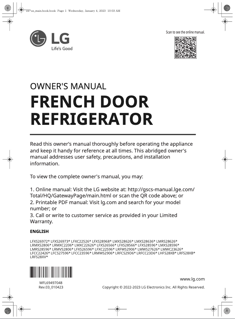 Page 1 de la notice Manuel utilisateur LG LRFS28XBS