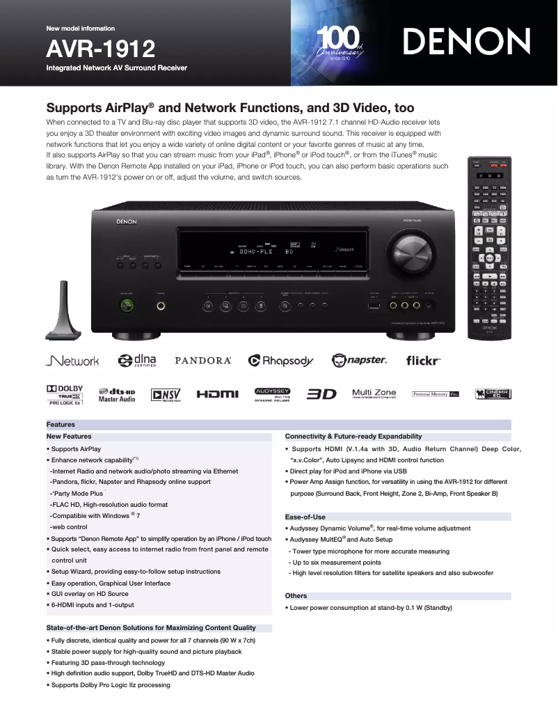 Page 1 de la notice Fiche technique Denon AVR-1912
