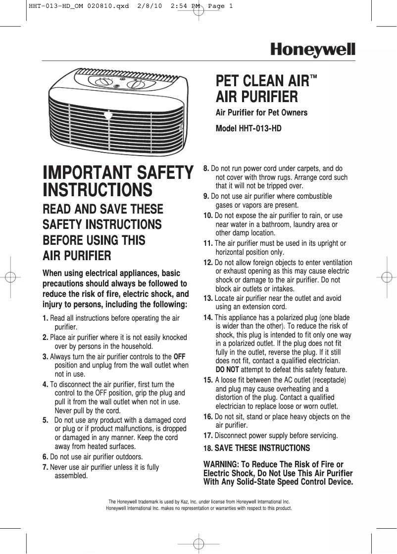 Page 1 de la notice Manuel utilisateur Honeywell HHT-013-HD