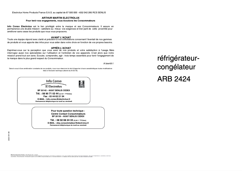 Page 1 de la notice Manuel utilisateur Arthur Martin-Electrolux ARB2424