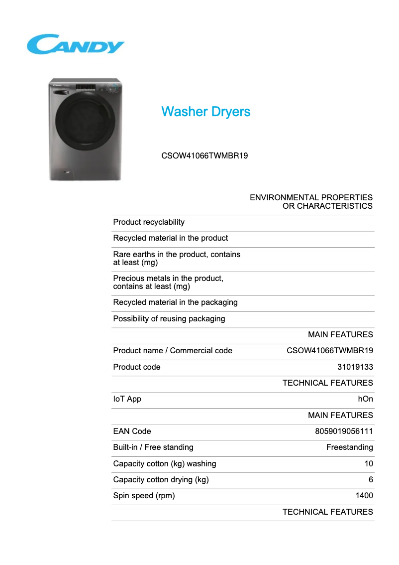 Page 1 de la notice Fiche technique Candy CSOW41066TWMBR19