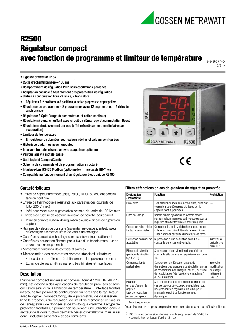 Page 1 de la notice Fiche technique Gossen Metrawatt R2500