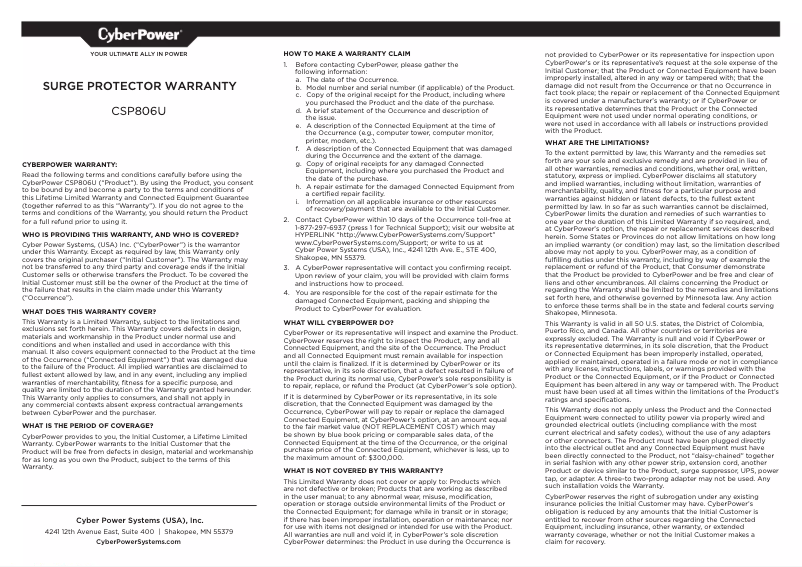 Page n°1 - Informations de garantie CyberPower CSP806U