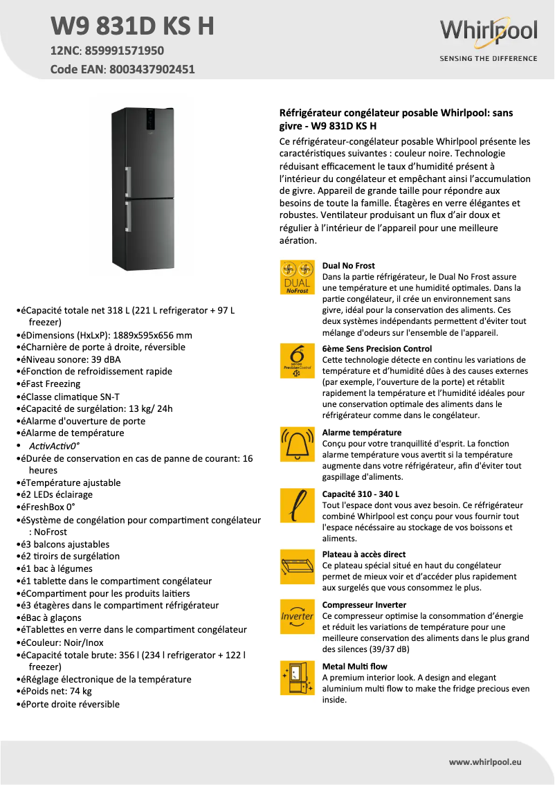 Página 1 del manual Ficha técnica Whirlpool W9 831D KS H