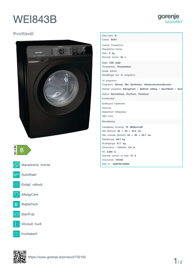 Page 1 de la notice Manuel utilisateur Gorenje WEI843B