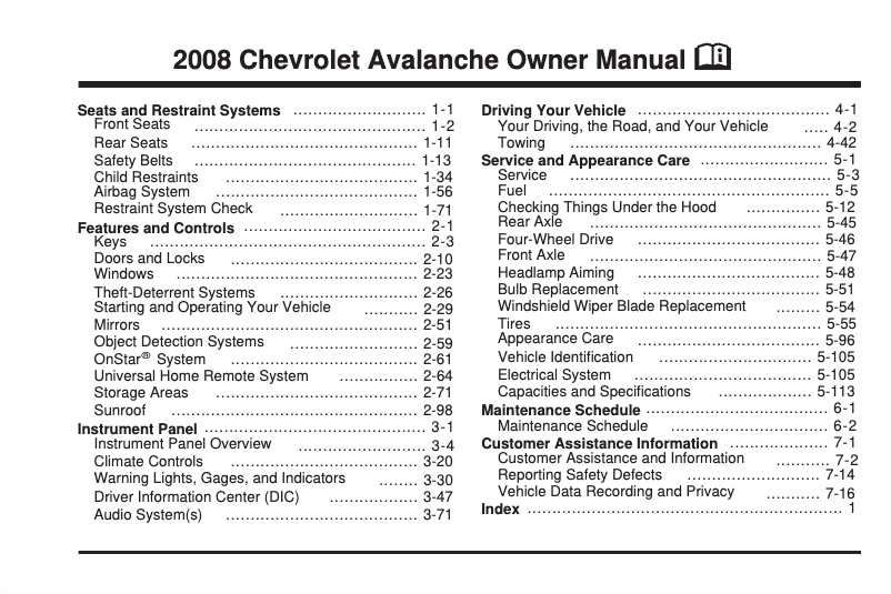 Page 1 de la notice Manuel utilisateur Chevrolet Avalanche (2008)