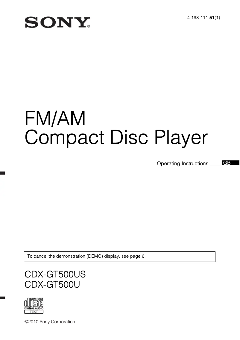 Image de la première page du manuel de l'appareil CDX-GT500U