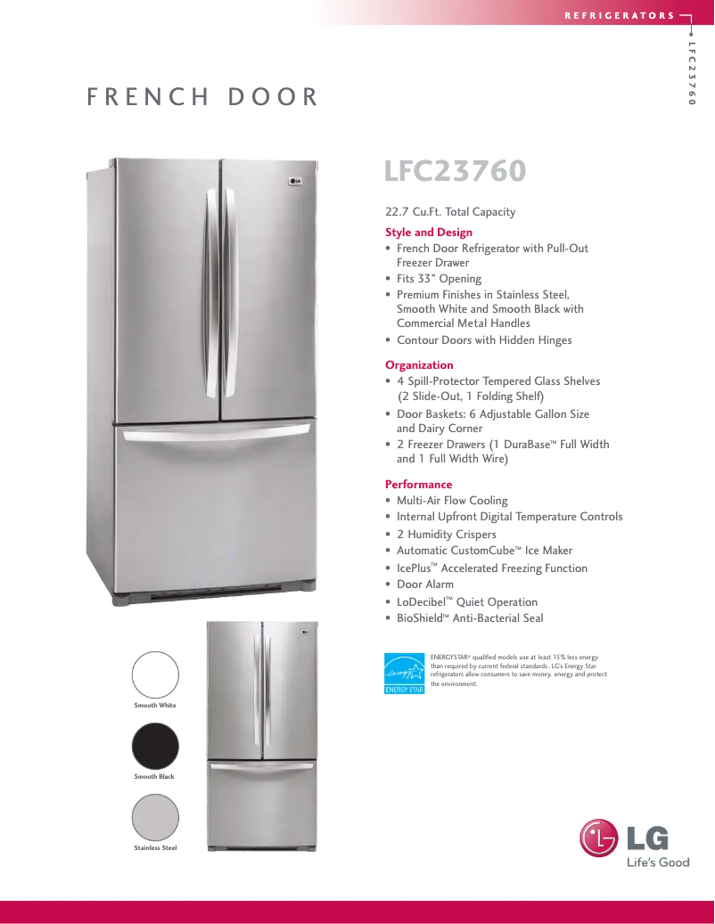 Page 1 de la notice Fiche technique LG LFC23760SW