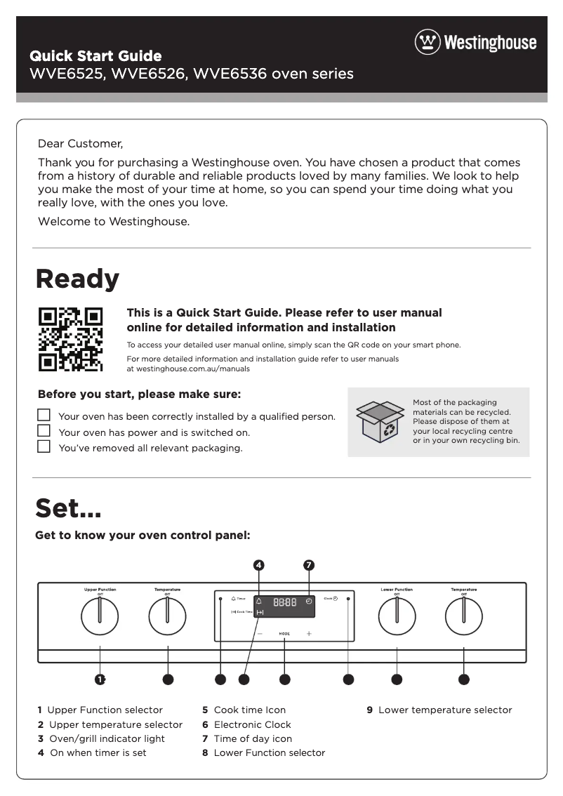 Page 1 de la notice Guide de démarrage rapide Westinghouse WVE6525SD