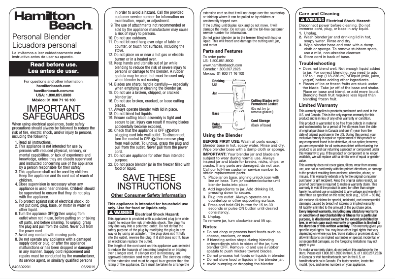 Page 1 de la notice Manuel utilisateur Hamilton Beach 51101BV