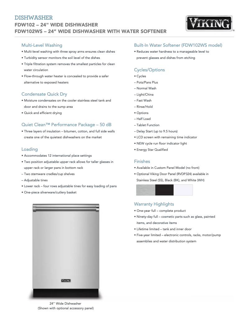 Page 1 de la notice Fiche technique Viking FDW103WS