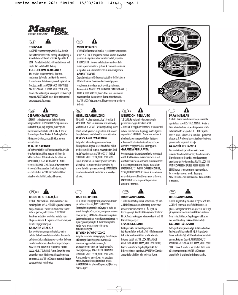 Page n°1 - Manuel utilisateur Master Lock 263EURDAT