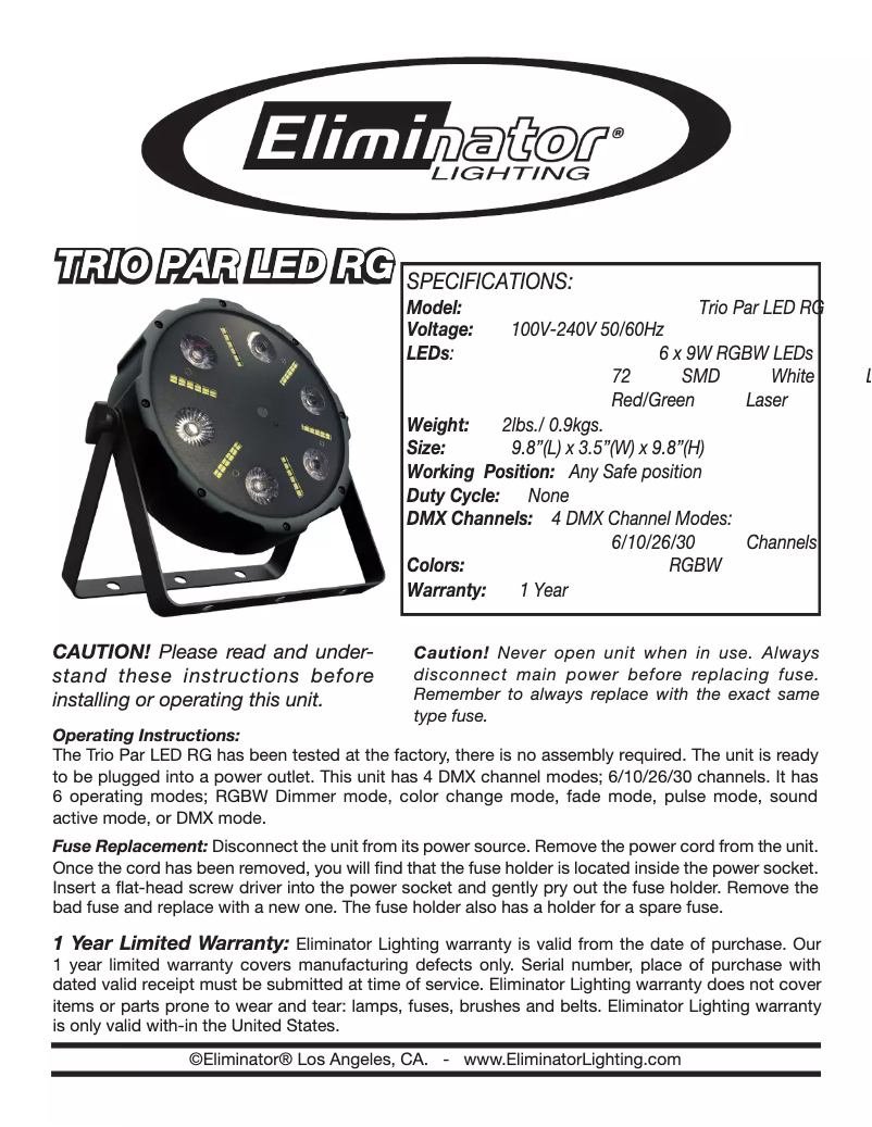 Page n°1 - Manuel utilisateur Eliminator Lighting Trio Par LED RG