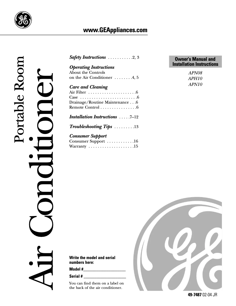 Page 1 de la notice Manuel utilisateur GE APN10AA