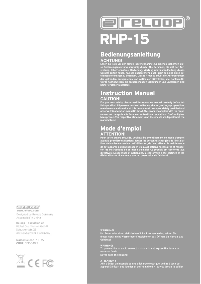 Page 1 de la notice Manuel utilisateur Reloop RHP-15