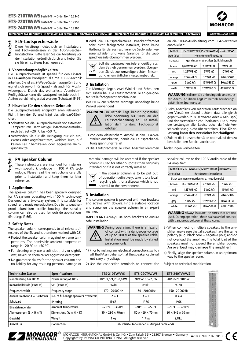 Page 1 de la notice Manuel utilisateur Monacor ETS-220TW/WS