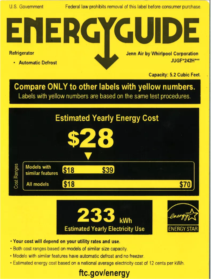 Page 1 de la notice Label énergétique JennAir JUGFR242HX