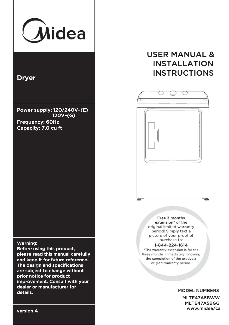 Page n°1 - Manuel utilisateur Midea MLTE47A5BGG