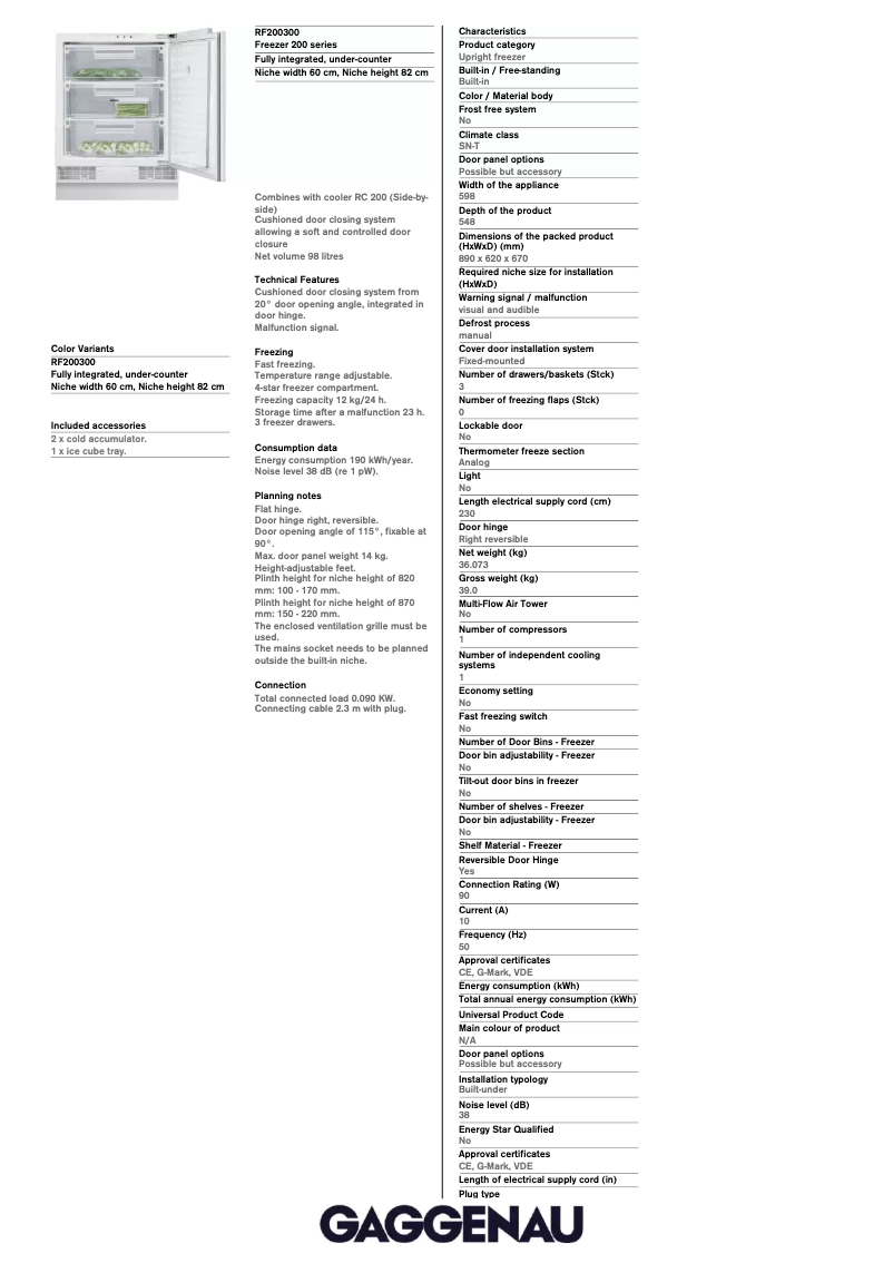Página 1 del manual Ficha técnica Gaggenau RF200300