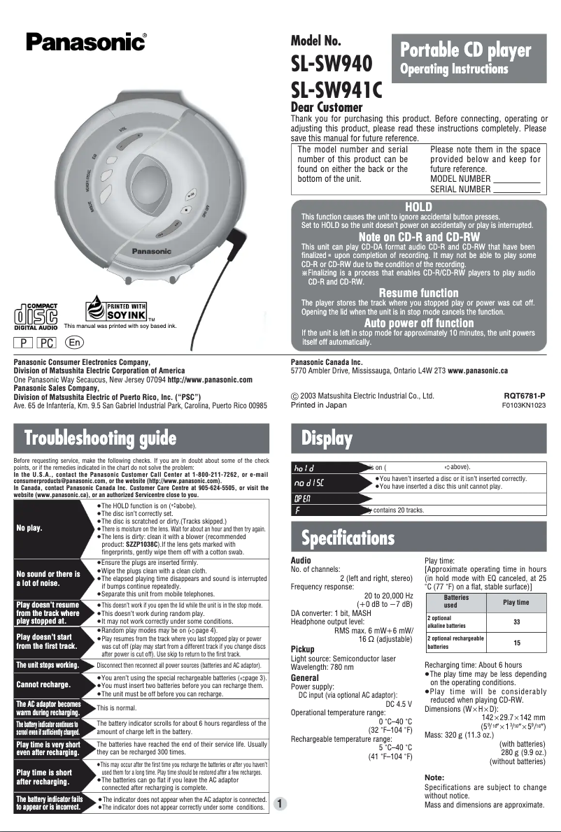 Page n°1 - Manuel utilisateur Panasonic SL-SW940