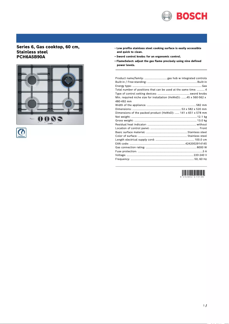 Page 1 de la notice Fiche technique Bosch PCH6A5B90A