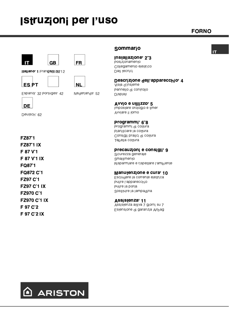 Page n°1 - Manuel utilisateur Ariston Thermo F 97 C.2 IX