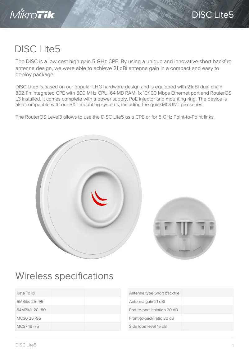 Page 1 de la notice Brochure Mikrotik DISC Lite5