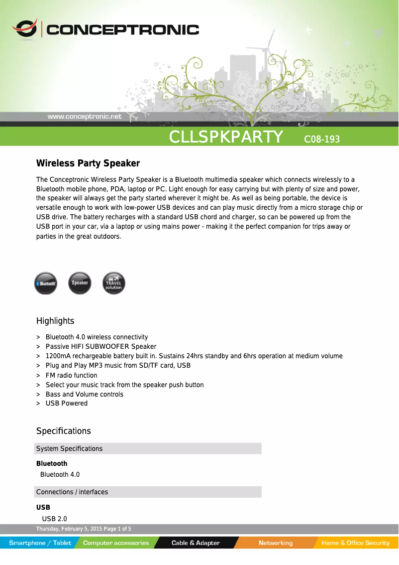 Page 1 de la notice Fiche technique Conceptronic CLLSPKPARTY