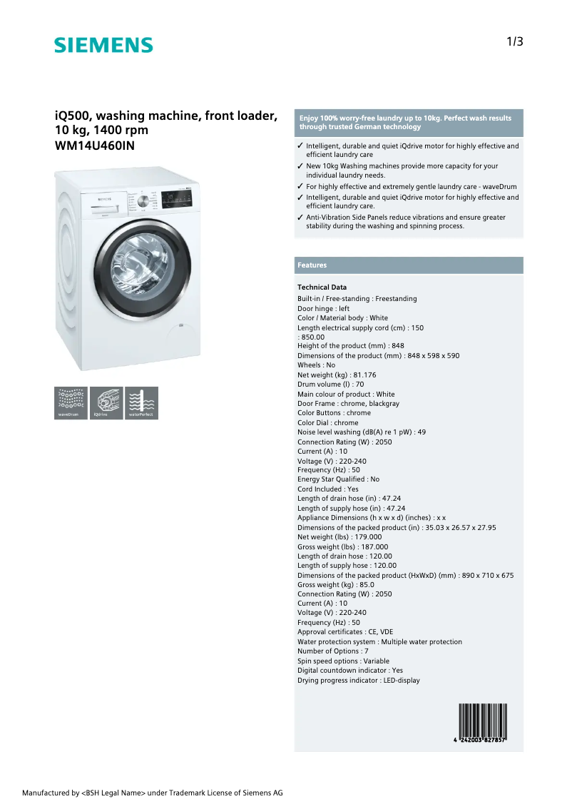 Page n°1 - Fiche technique Siemens WM14U460IN