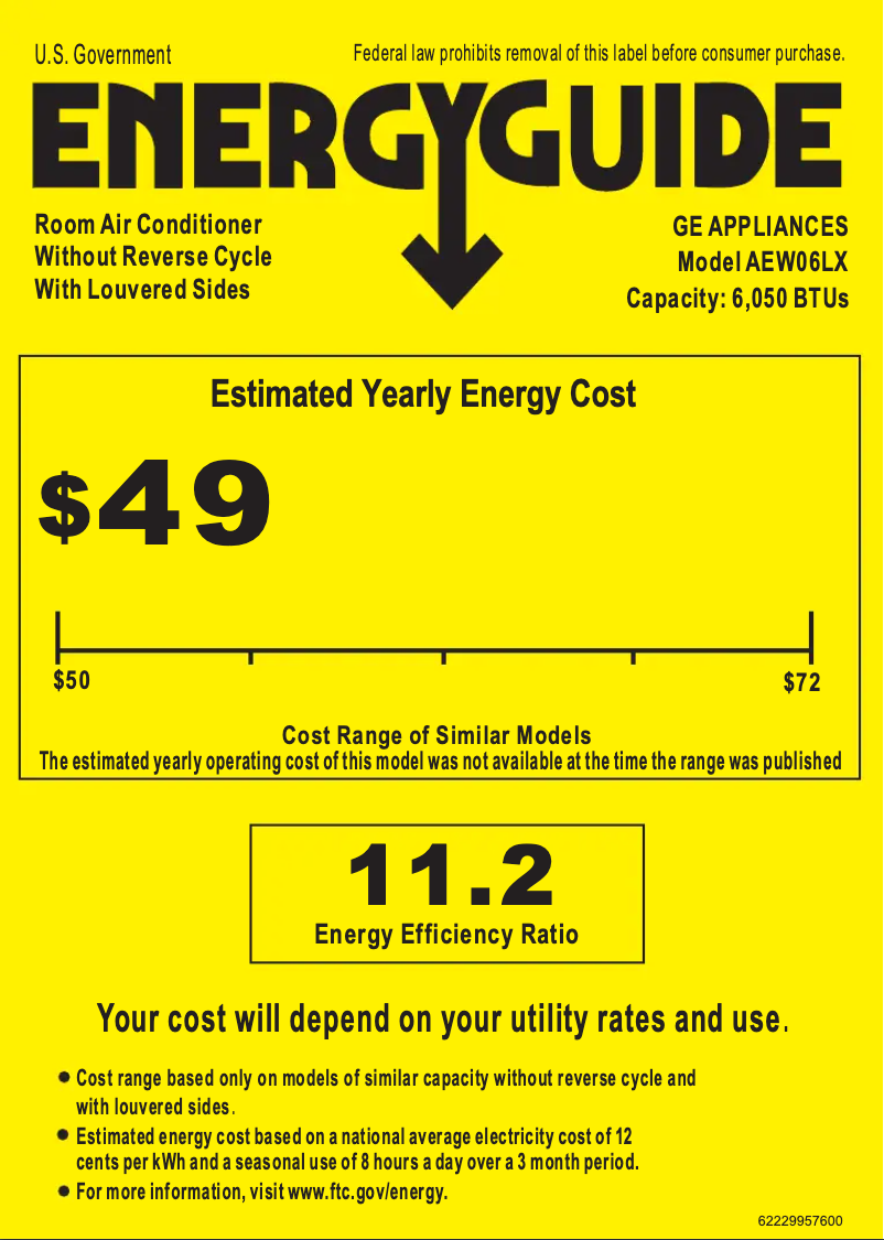 Page 1 de la notice Label énergétique GE AEW06LX